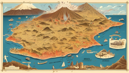 An illustrated map of Sicily highlighting its active volcanoes and surrounding waters, peppered with callouts of local vocabulary related to volcanic geography.