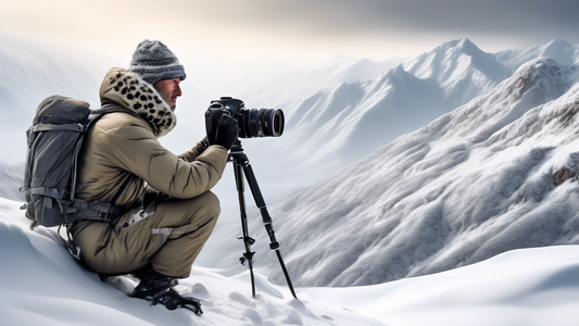 An intrepid photographer in rugged gear capturing the rare Snow Leopard in a snow-covered mountainous landscape, showcasing the challenge and beauty of wildlife photography, with camera in hand and the vast, harsh wilderness around.
