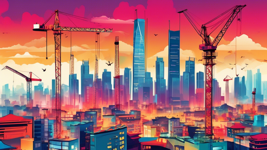An artistic digital illustration showcasing a vibrant city skyline in China, with construction cranes in the foreground actively working on new buildings, symbolizing a $42 billion boost in the property sector.