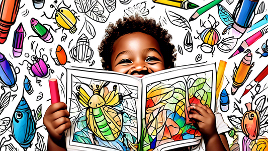 A young child with a big smile holding up a crayon, surrounded by pages of a coloring book they drew themselves.