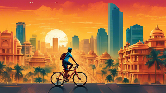An aerial view of a cyclist exploring the vibrant streets and landmarks of Bangalore, covering diverse urban scenes over 100 kilometers, with iconic buildings in the backdrop during a golden sunset.