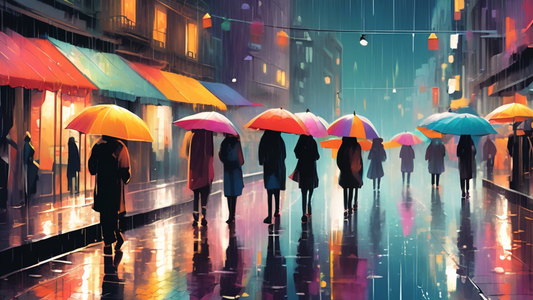 A serene city street covered in glistening wet pavements with colorful umbrellas open as people walk under the soft, drizzly rain