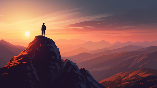 A man standing at the top of a mountain, looking contemplatively at the sunrise, symbolizing confidence and thoughtful decision-making.