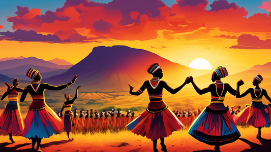 Digital illustration showcasing the vibrant culture and landscape of Eswatini, Africa, with traditional dancers performing in the foreground and the picturesque mountains of Eswatini in the background, under a radiant sunset.