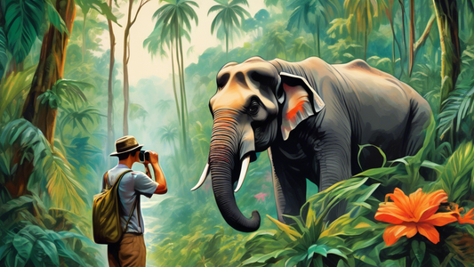 A traveler with binoculars looking in awe at an elephant in a lush Thai jungle setting.