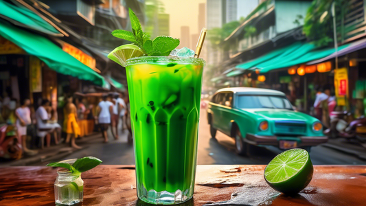A sweating glass of vibrant green Thai iced tea, condensation dripping, garnished with a sprig of mint and a wedge of lime, set against a backdrop of a bustling Bangkok street scene