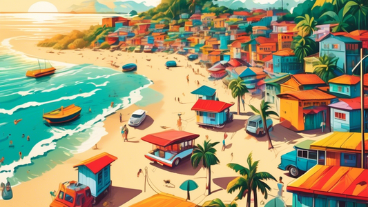 A vibrant, colorful travel guide lying open on a sun-drenched beach in Brazil with a small padlock resting on top.