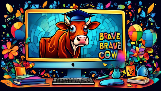 A brave cow wearing a graduation cap and holding a Free Font banner, standing in front of a computer screen displaying a bold, playful font called Brave Cow.