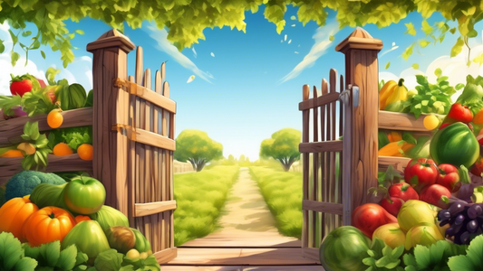 An open rustic wooden gate leading into a lush garden overflowing with vibrant fruits and vegetables under a clear, sunny sky, symbolizing the concept of 'Food as a Gateway'.