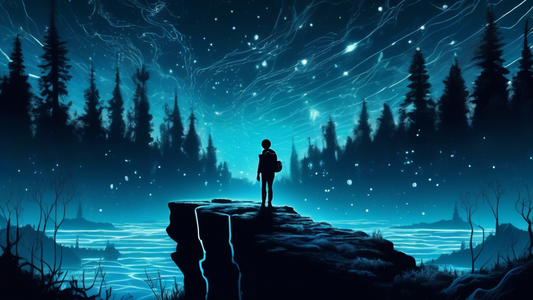 Create an illustration of an adventurous traveler standing at the edge of a hidden, glowing bioluminescent forest, with a map in hand, looking towards a distant, undiscovered city floating in the sky, under a star-filled night sky.