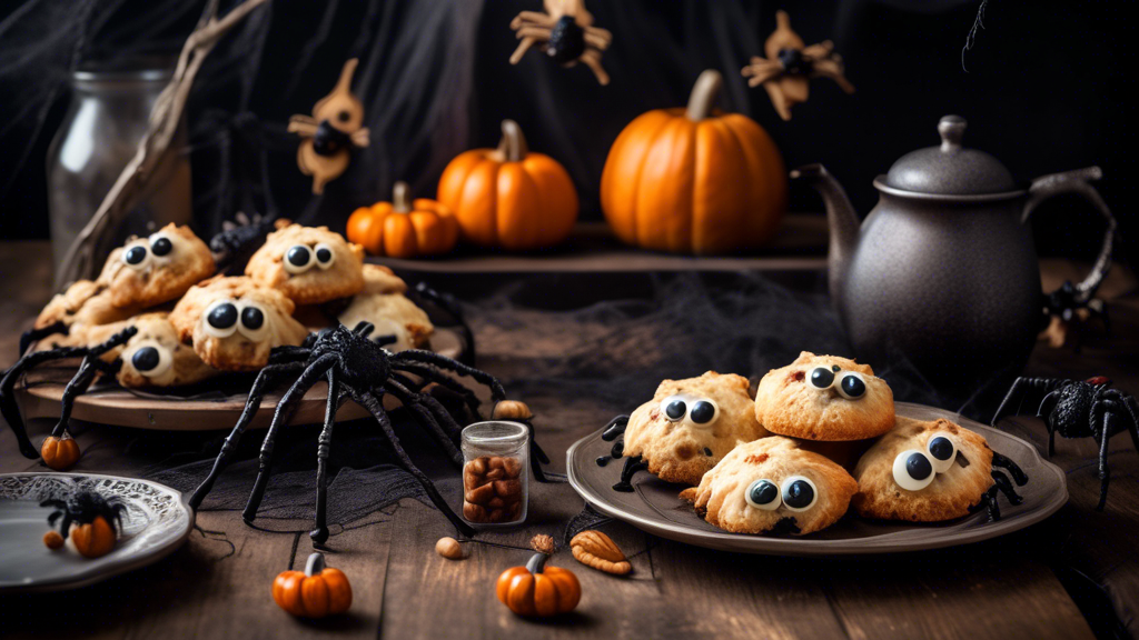 A whimsical and spooky kitchen scene with a plate of freshly baked scones shaped like spiders, complete with almond legs and currant eyes, surrounded by Halloween decorations on a rustic wooden table.