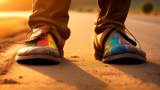 A pair of worn leather shoes walking down a long, dusty road towards a setting sun.