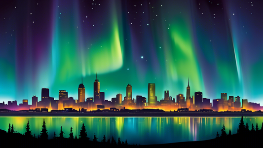 An awe-inspiring view of the Northern Lights (Aurora Borealis) illuminating the night sky over Winnipeg, Canada, with the city skyline silhouetted in the foreground.