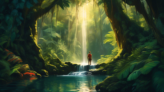 An explorer in awe, discovering a hidden waterfall within a vibrant and dense rainforest, illuminated by soft sunlight piercing through the canopy.