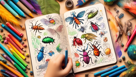 A child's hand writing a fantastical story in a notebook, surrounded by colorful crayons and imagined creatures coming to life from the page.