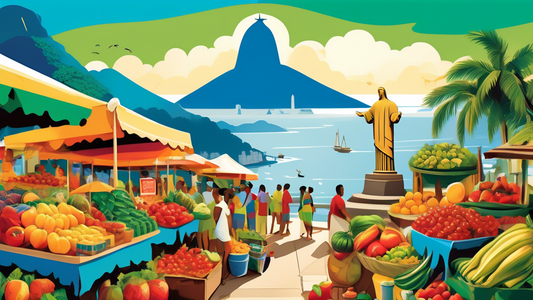 A bustling outdoor market in Rio de Janeiro overflowing with colorful, exotic fruits, vegetables, and street food, with Christ the Redeemer statue subtly visible in the distance.