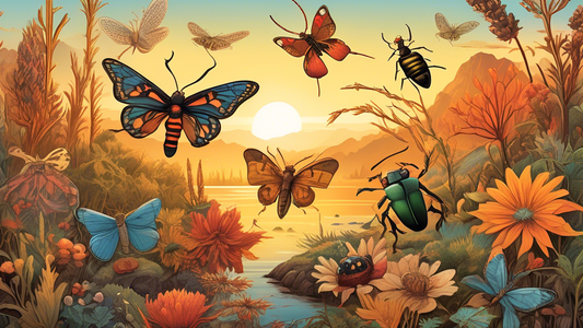 Create a detailed illustration showcasing a variety of colorful and unique bugs native to the West Coast's diverse habitats, all interacting in a vibrant, natural landscape under the golden light of a setting sun.