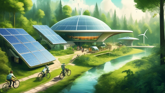 An illustration of a futuristic eco-friendly hotel nestled in a lush green forest, with solar panels on the roof and a wind turbine in the background, as travelers ride bicycles along a path.