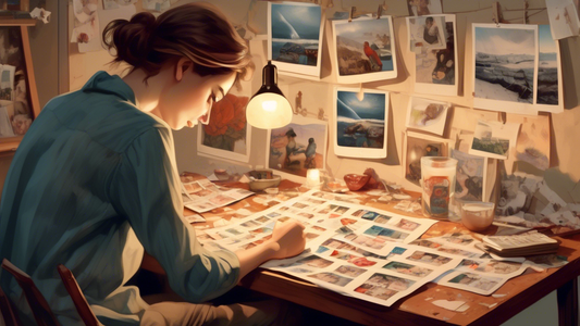 An evocative illustration of a person looking at photographs scattered on a table, each capturing different significant moments from the previous year, with a calendar marked December in the background, soft nostalgic lighting bathing the scene.