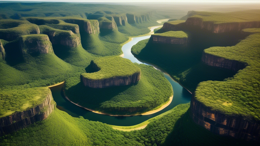 Vast valley in Chapada Diamantina, Brazil, with lush green vegetation, winding rivers, and dramatic rock formations, aerial view.