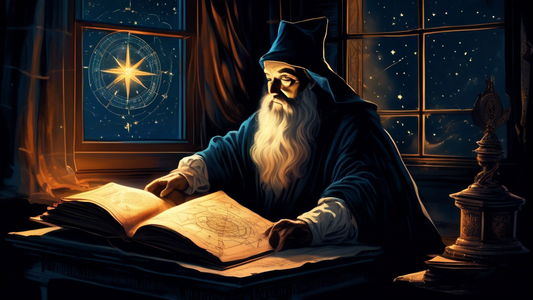 An ancient, dimly lit study filled with astrological charts, a large, mysterious book open to a prophecy page, and a silhouette of Nostradamus pointing to the stars, with the year 2024 illuminated in the night sky outside the window.