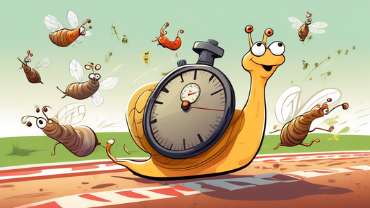 Illustration of a cartoon snail with a stopwatch, humorously analyzing its slow speed on a race track surrounded by cheering insects.