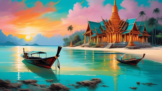 A serene beach in Thailand with turquoise water, white sand, and traditional longtail boats, with a majestic temple in the background and a glowing sunset.