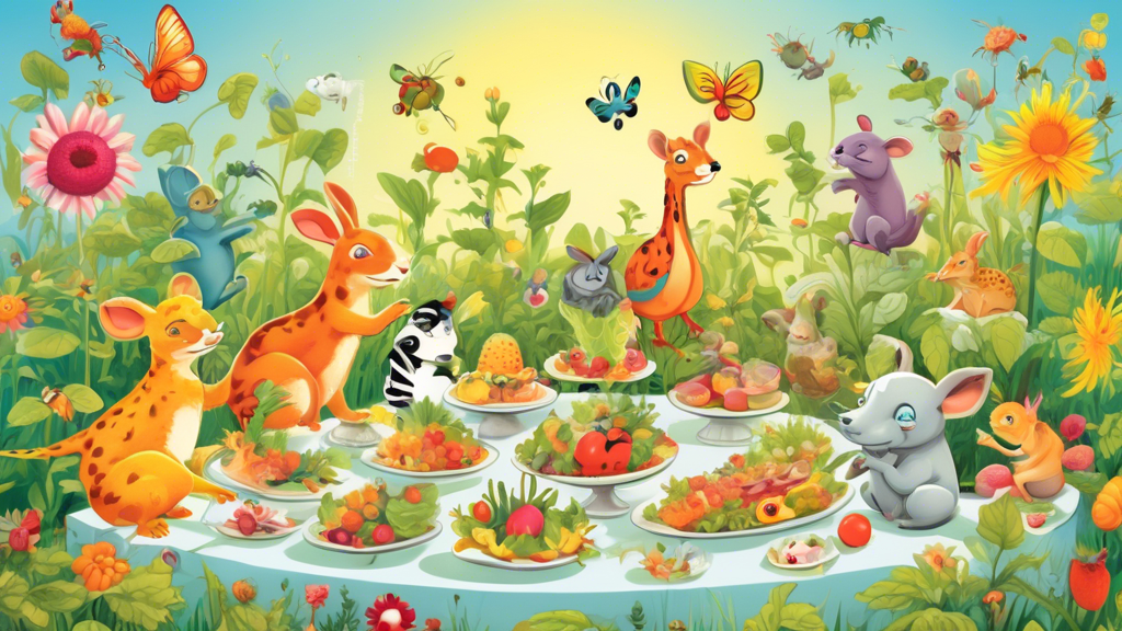 A colorful illustration of a whimsical garden scene where a variety of cartoon animals are having a feast with aphids as appetizers, served on leaf plates, under a bright, sunny sky.