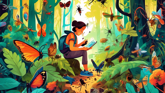 A colorful illustration of a curious beginner surrounded by a variety of magnified insects in a vibrant forest, highlighting the beauty of entomology exploration.