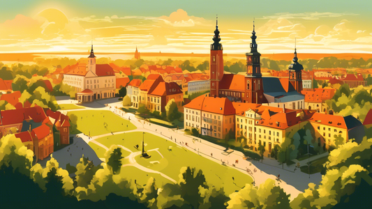 An idyllic panoramic view of Białystok, Poland, featuring iconic landmarks, vibrant city life, and lush green parks, all under the golden glow of a setting sun.