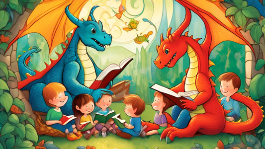A whimsical and colorful children's book cover featuring a friendly dragon reading a book to a group of children.