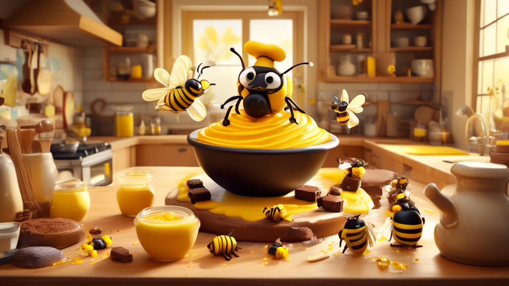 A whimsical kitchen scene where a baker with a chef's hat is using a large whisk to mix bumblebee-themed brownies batter in a big bowl, with cute cartoon bumblebees adding dollops of honey to the mix, on a sunlit wooden counter full of baking ingredients.