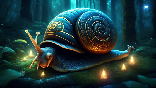 Artistic concept of a wise, ancient snail surrounded by mystic runes and glowing symbols, conveying a sense of unlocking ancient secrets, set in a lush, magical forest at twilight.