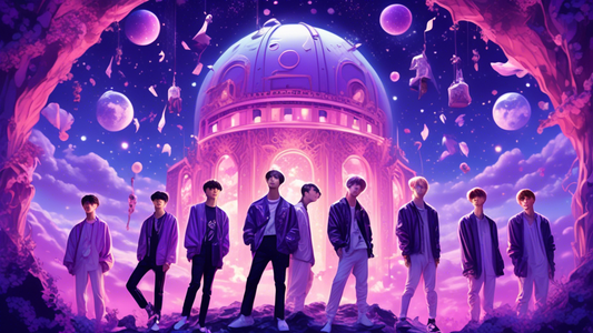 Illustration of the BTS members in a fantastical, dreamlike concert setting, surrounded by iconic symbols from their music videos and albums, under a starry, purple sky.