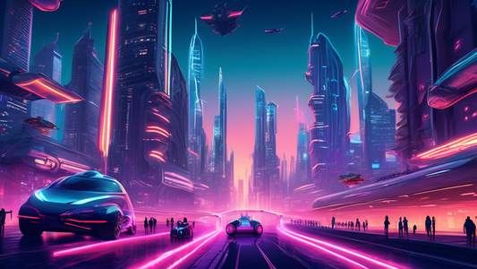 A futuristic city skyline at dusk, illuminated by neon lights, with flying cars zooming between skyscrapers and robots walking alongside humans on the streets below.
