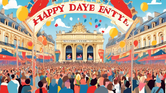 A vibrant and buzzing crowd of people joyfully entering the majestic entrance of the Opéra de Lille under a bright and cheerful sky, with a large banner reading 'Happy Day - Free Entry' in the foreground.