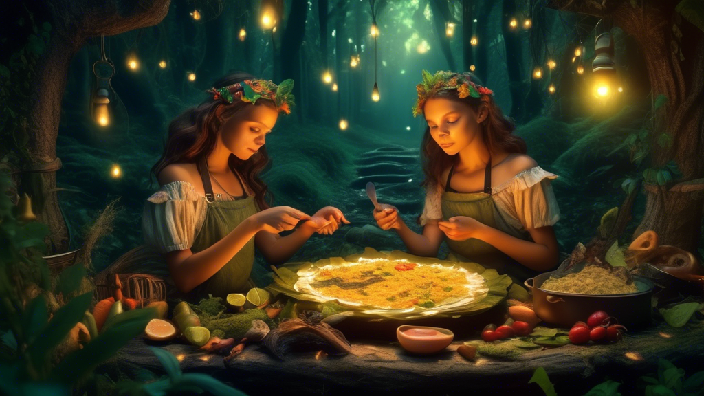 Create an enchanting image of mythological nymphs preparing nachos in a mystical forest kitchen, surrounded by magical ingredients and ancient cooking utensils, under the gentle glow of fireflies.