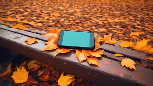 A smartphone abandoned on a park bench covered in autumn leaves