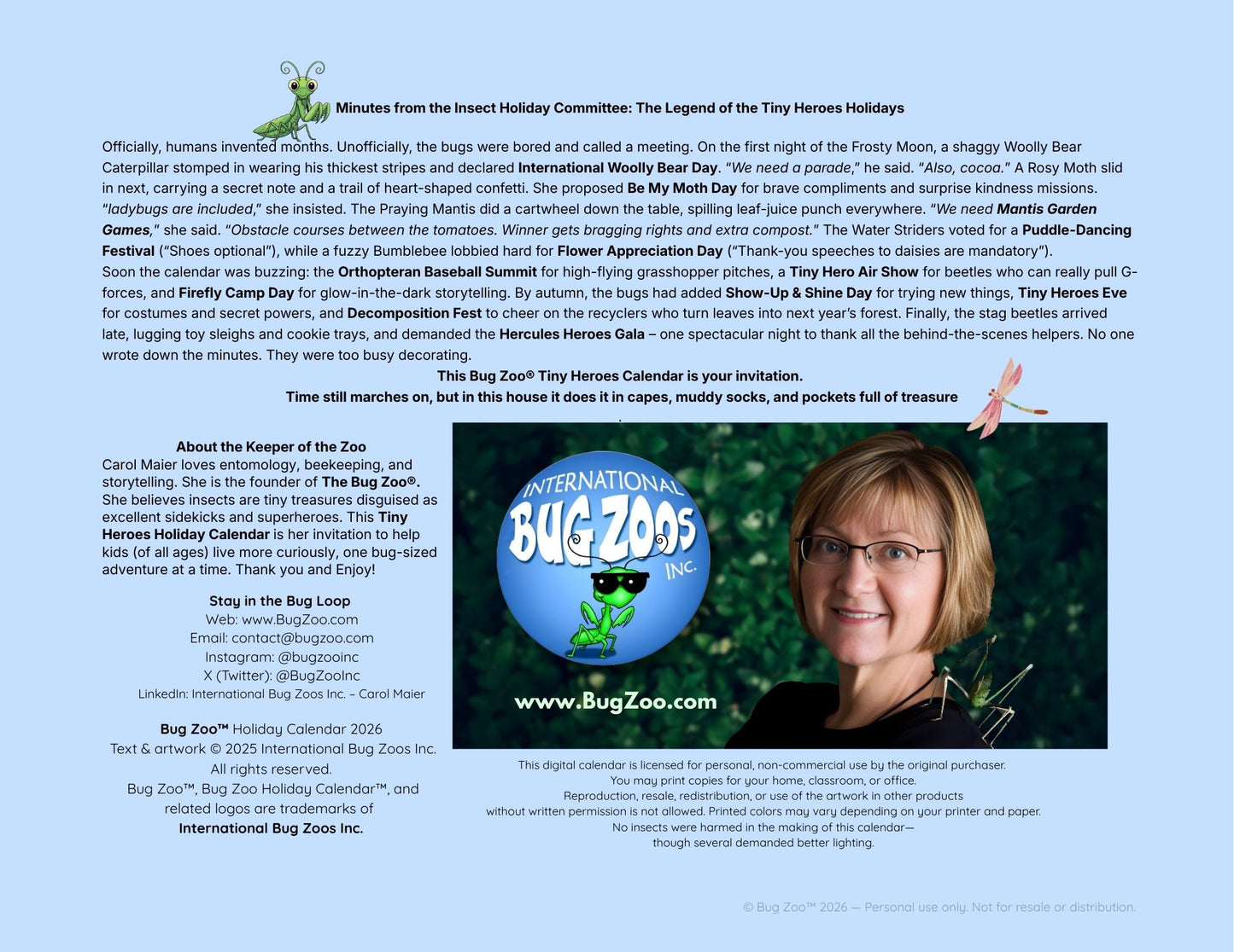 Bug Zoo™ Tiny Heroes Kids Calendar 2026 — Printable PDF