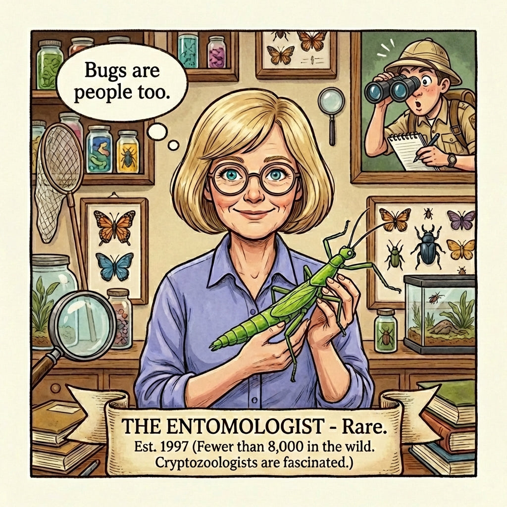 Illustration of a woman holding a praying mantis with an entomology-themed room in the background.