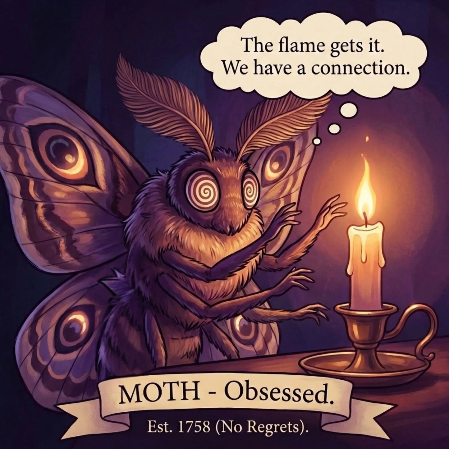 Moth Sticker - "The Flame Gets It. We Have a Connection." Bug Zoo Inc
