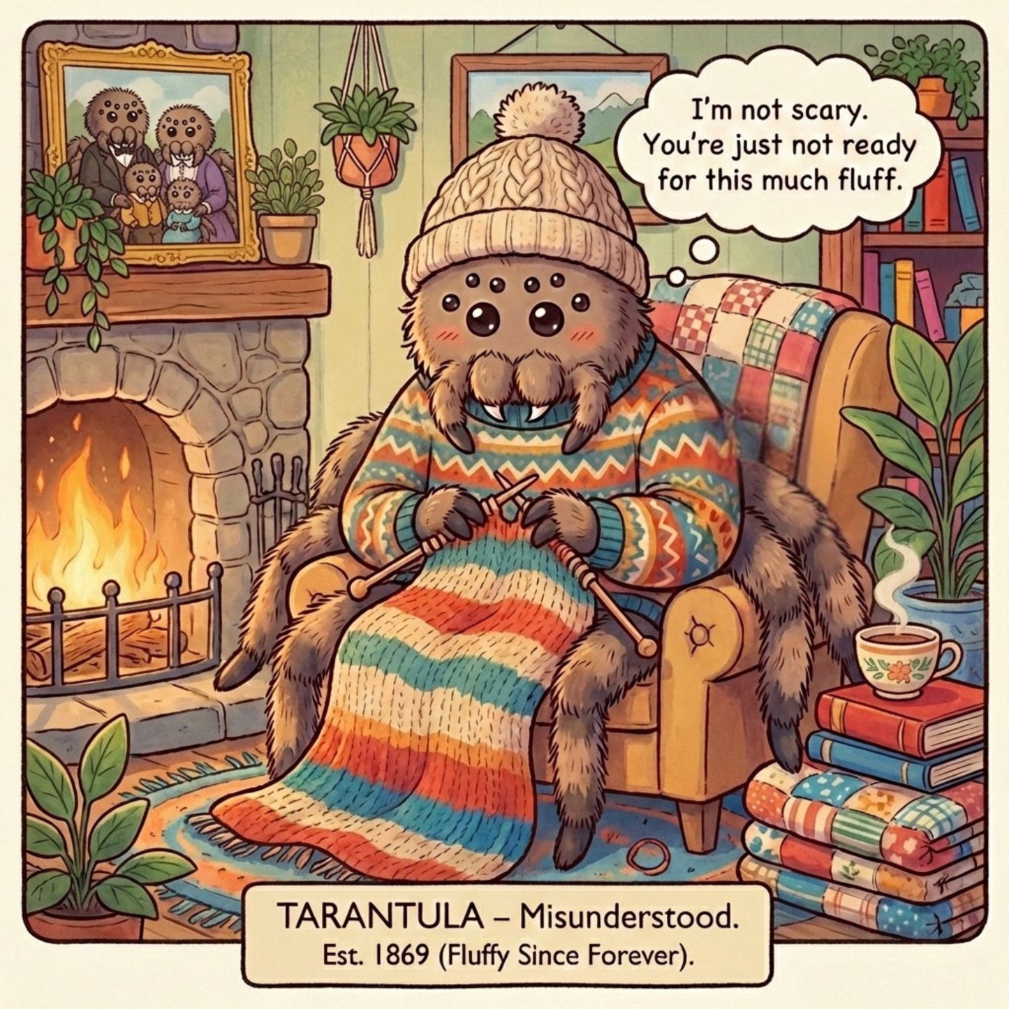 Illustration of a tarantula in a cozy living room with a colorful sweater and striped blanket.