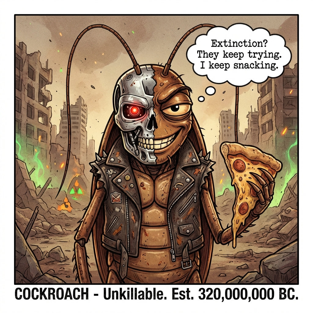 Cartoon cockroach in a post-apocalyptic setting holding a slice of pizza with a speech bubble.