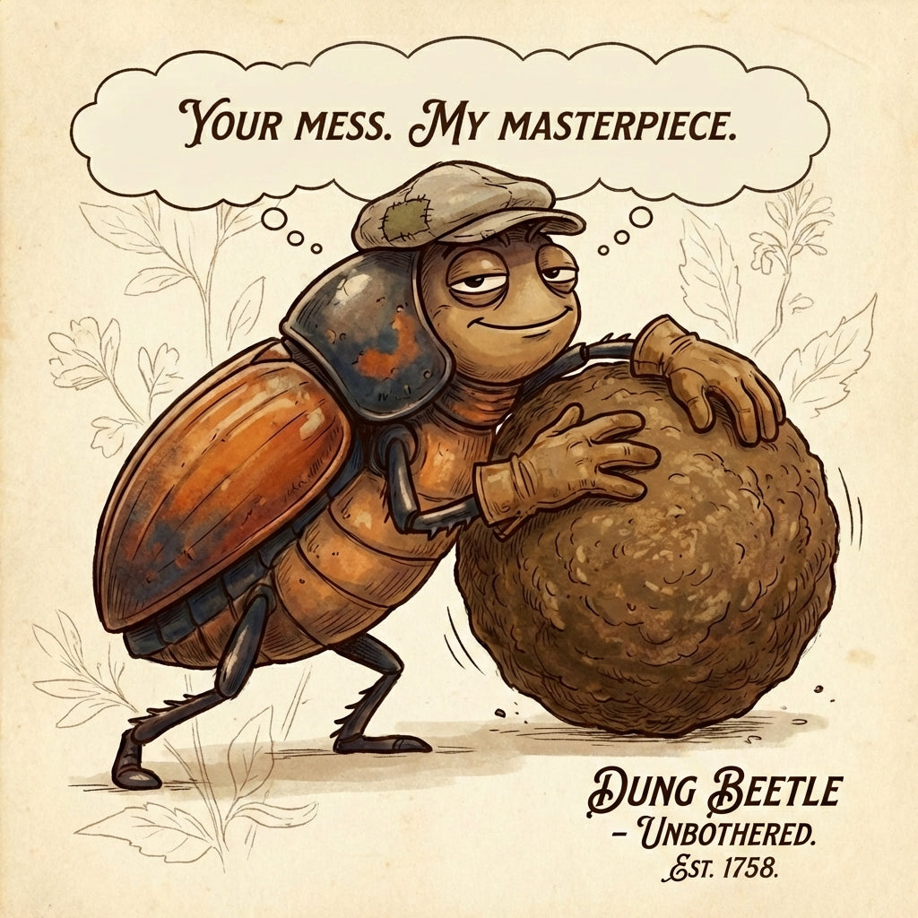 Cartoon dung beetle with a speech bubble and text on a beige background