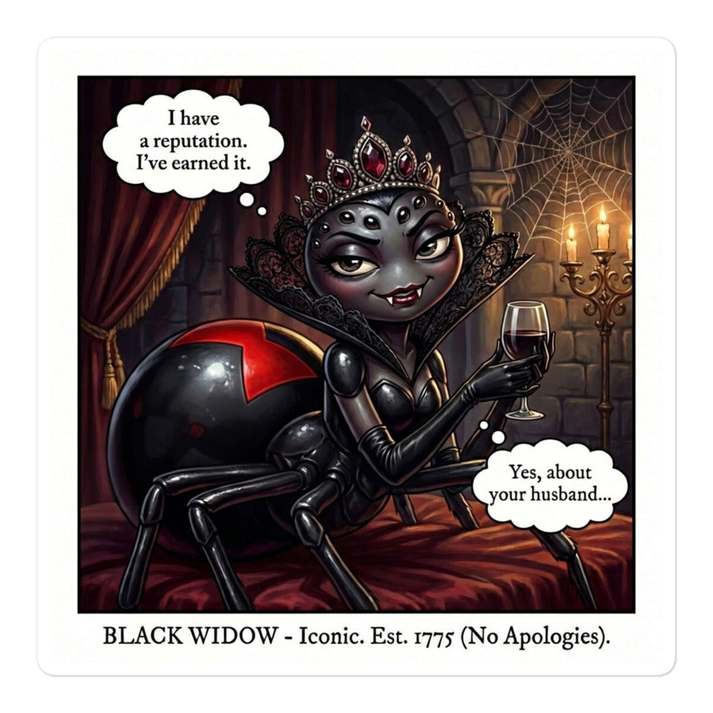Black Widow spider sticker with gothic style art and text "I Have a Reputation. I've Earned It." - Bug Zoo Inc
