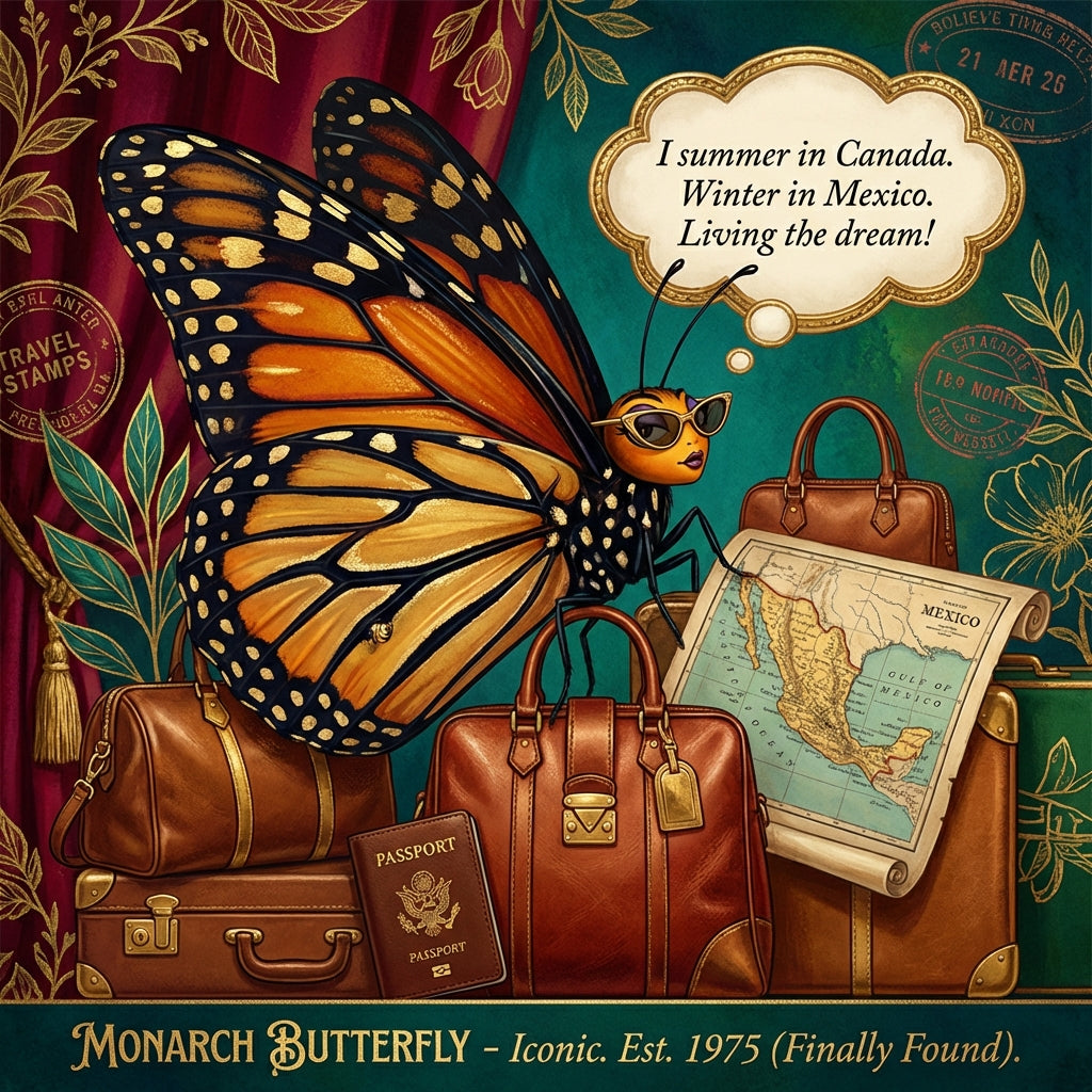 Butterfly with sunglasses and travel items on a decorative background