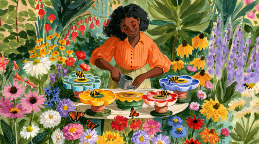 Smiling woman arranging colourful flower-shaped watering stations for bees and butterflies in a blooming garden.