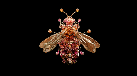 Ornate bejeweled bee with amber and pink gemstones and metallic wings against a black background.