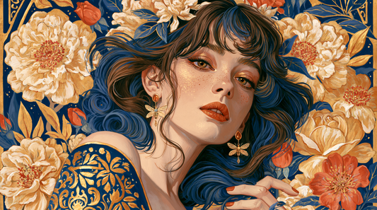 Artistic portrait of a dark-haired woman wearing golden bee earrings, surrounded by cream and coral flowers against a deep blue background.