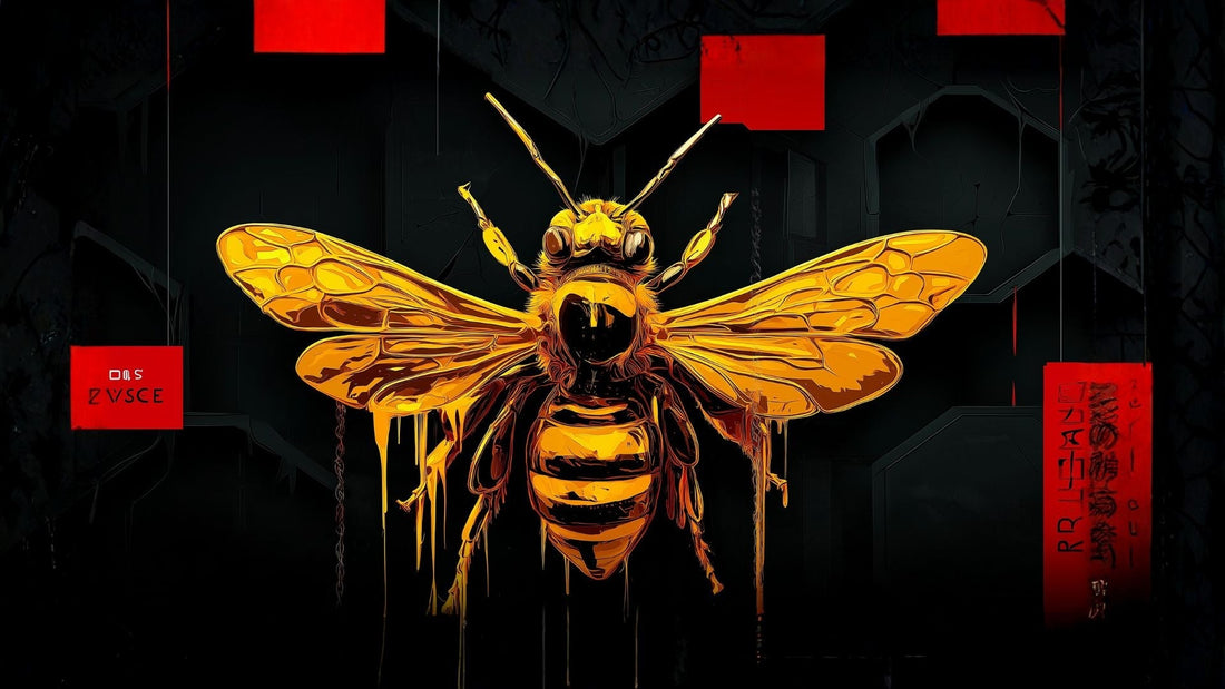 Stylized golden honey bee with outstretched wings on a dark geometric background, dramatic lighting highlighting detailed wings and body.